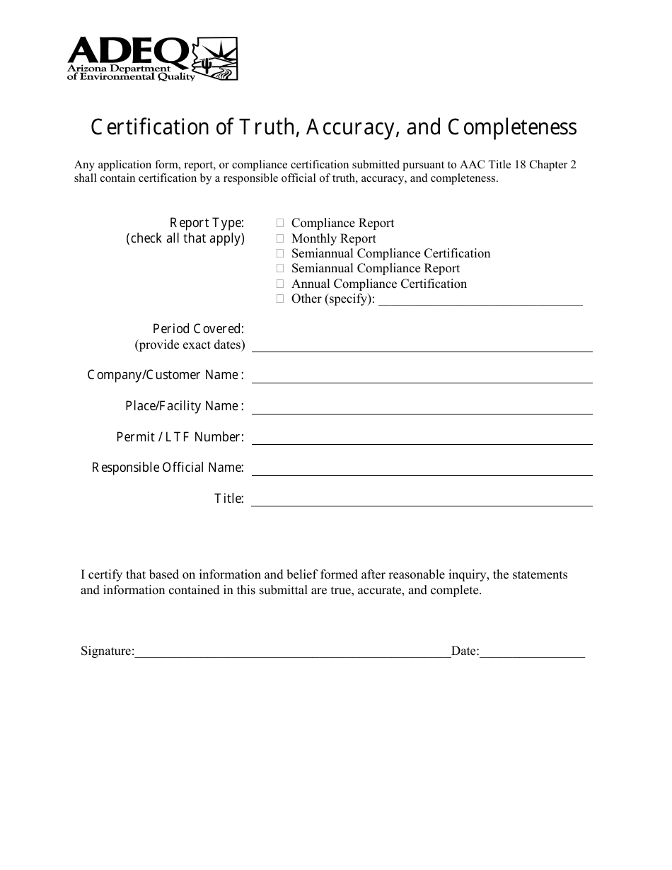 Certification of Truth, Accuracy, and Completeness - Arizona, Page 1