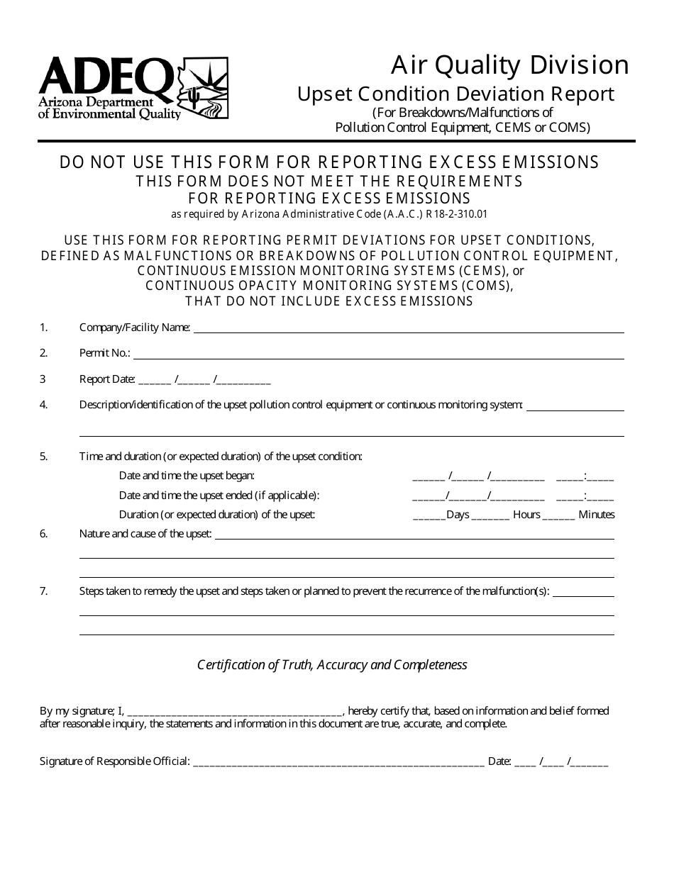 Upset Condition Deviation Report Form - Arizona, Page 1