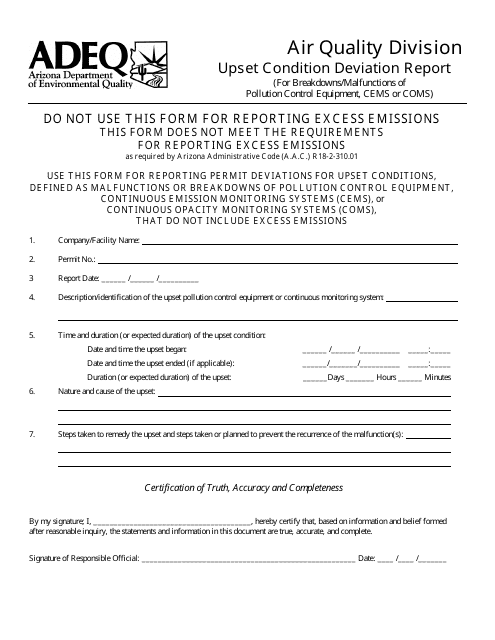 Upset Condition Deviation Report Form - Arizona Download Pdf