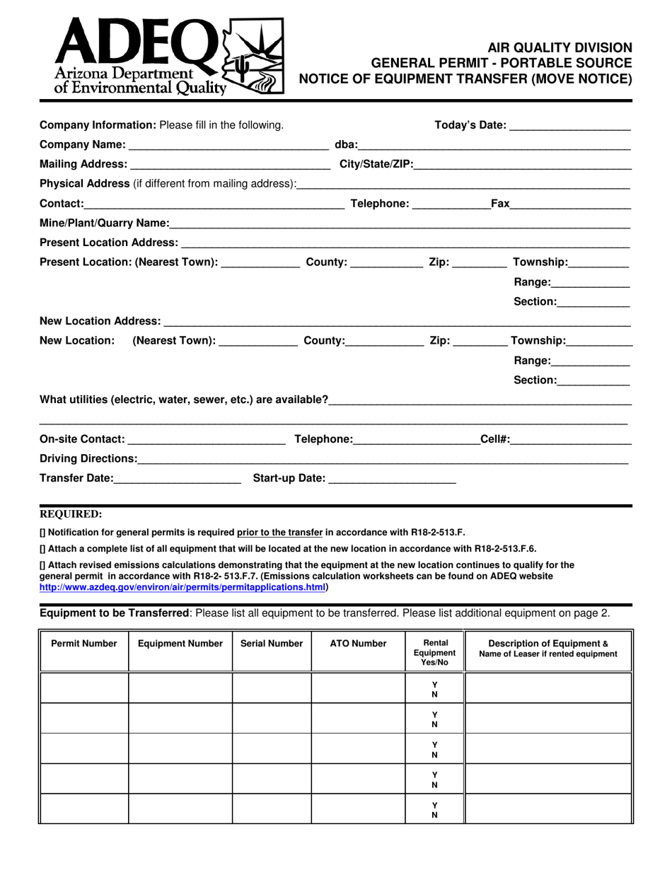 Arizona General Permit Portable Source Notice of Equipment Transfer