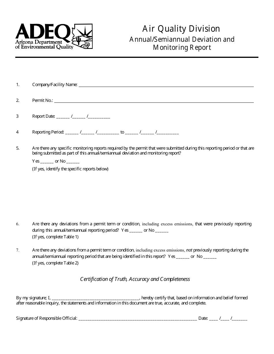 Annual / Semiannual Deviation and Monitoring Report Form - Arizona, Page 1