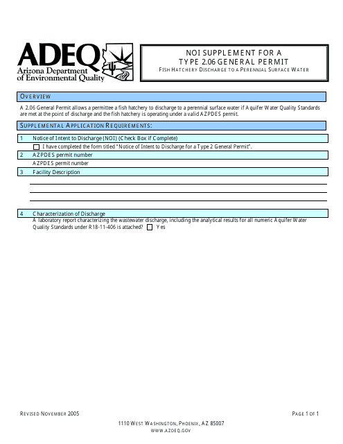 Noi Supplement for a Type 2.06 General Permit - Fish Hatchery Discharge to a Perennial Surface Water - Arizona