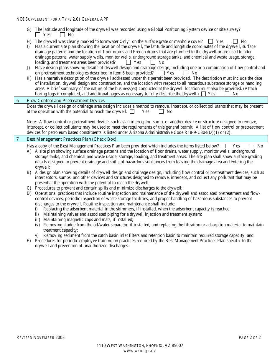 Noi Supplement for a Type 2.01 General Permit - Drywells That Drain Areas Where Hazardous Substances Are Used, Stored, Loaded or Treated - Arizona, Page 2