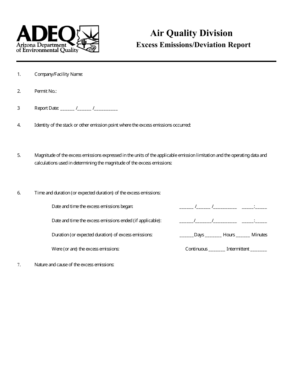 Excess Emissions / Deviation Report Form - Arizona, Page 1