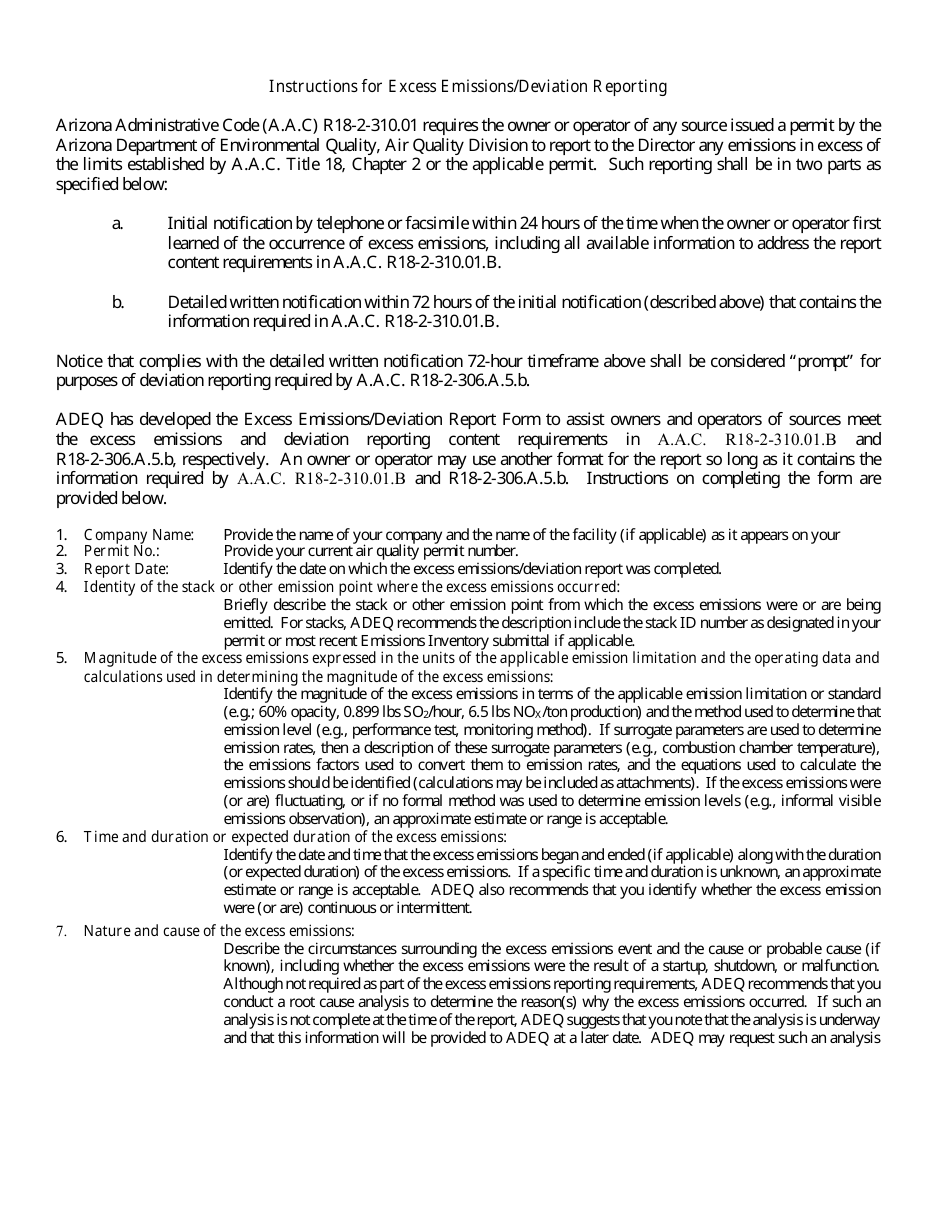 Excess Emissions / Deviation Report Form - Arizona, Page 3