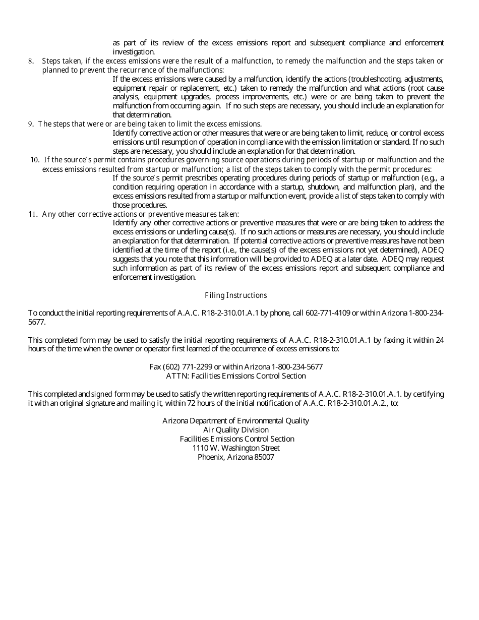 Excess Emissions / Deviation Report Form - Arizona, Page 4