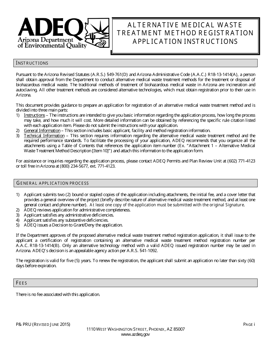 ADEQ Form PPRU Alternative Medical Waste Treatment Method Registration Application - Arizona, Page 1