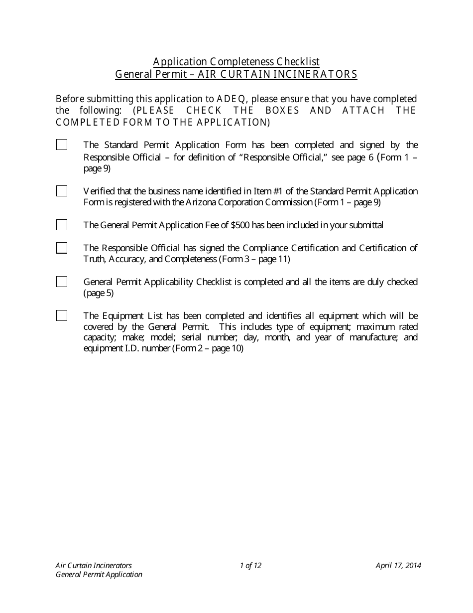 Application Packet for Air Curtain Incinerators General Permit - Arizona, Page 1