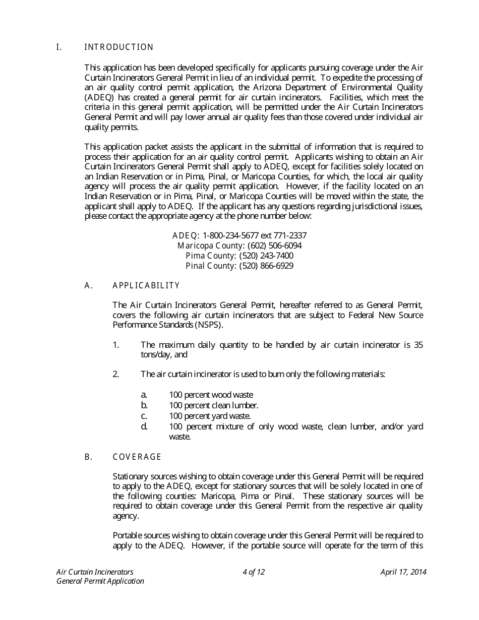 Application Packet for Air Curtain Incinerators General Permit - Arizona, Page 4