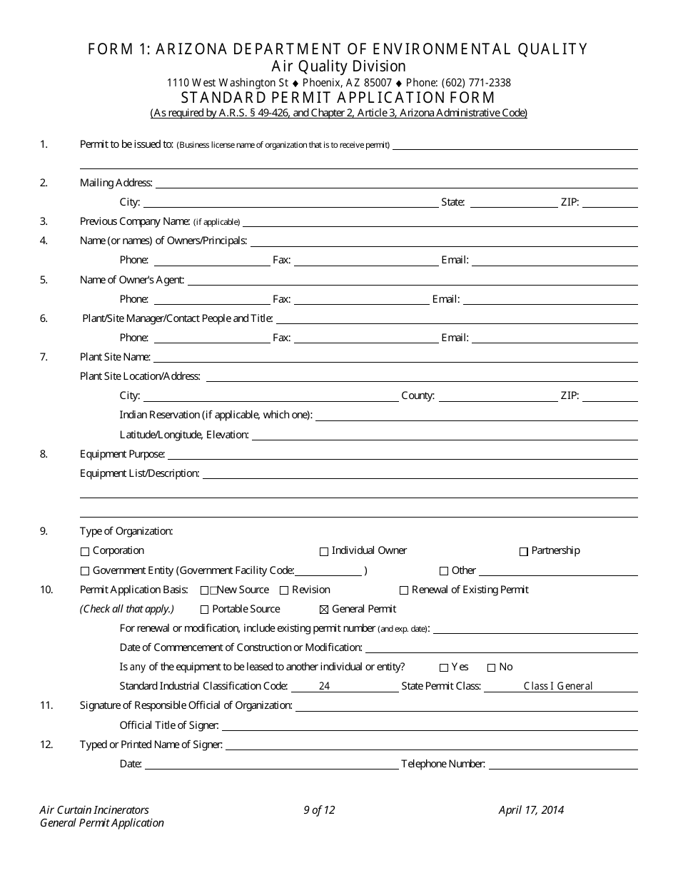 Application Packet for Air Curtain Incinerators General Permit - Arizona, Page 9