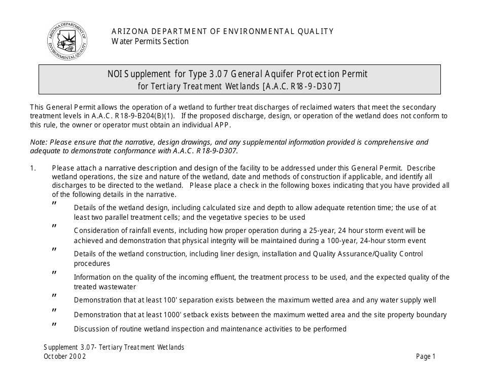 Noi Supplement for Type 3.07 General Aquifer Protection Permit for Tertiary Treatment Wetlands [a.a.c. R18-9-d307] - Arizona, Page 1
