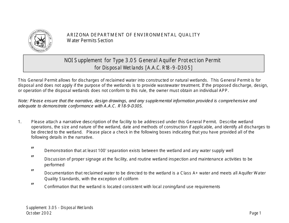 Noi Supplement for Type 3.05 General Aquifer Protection Permit for Disposal Wetlands [a.a.c. R18-9-d305] - Arizona, Page 1