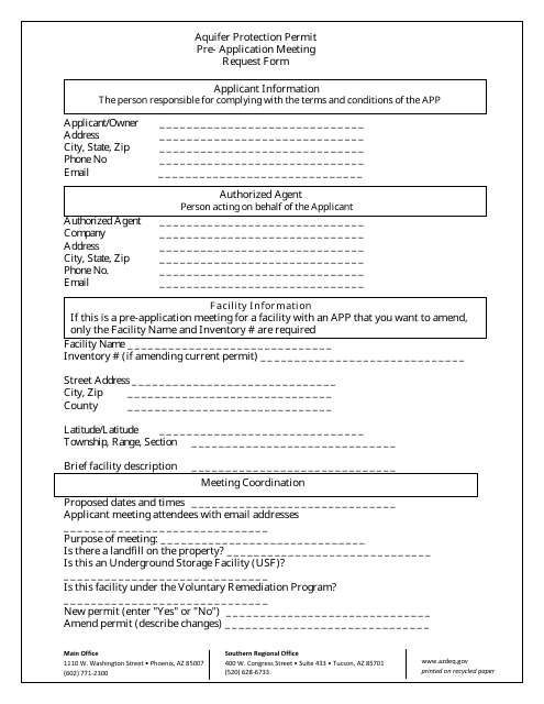 Aquifer Protection Permit - Pre-application Meeting Request Form - Arizona Download Pdf