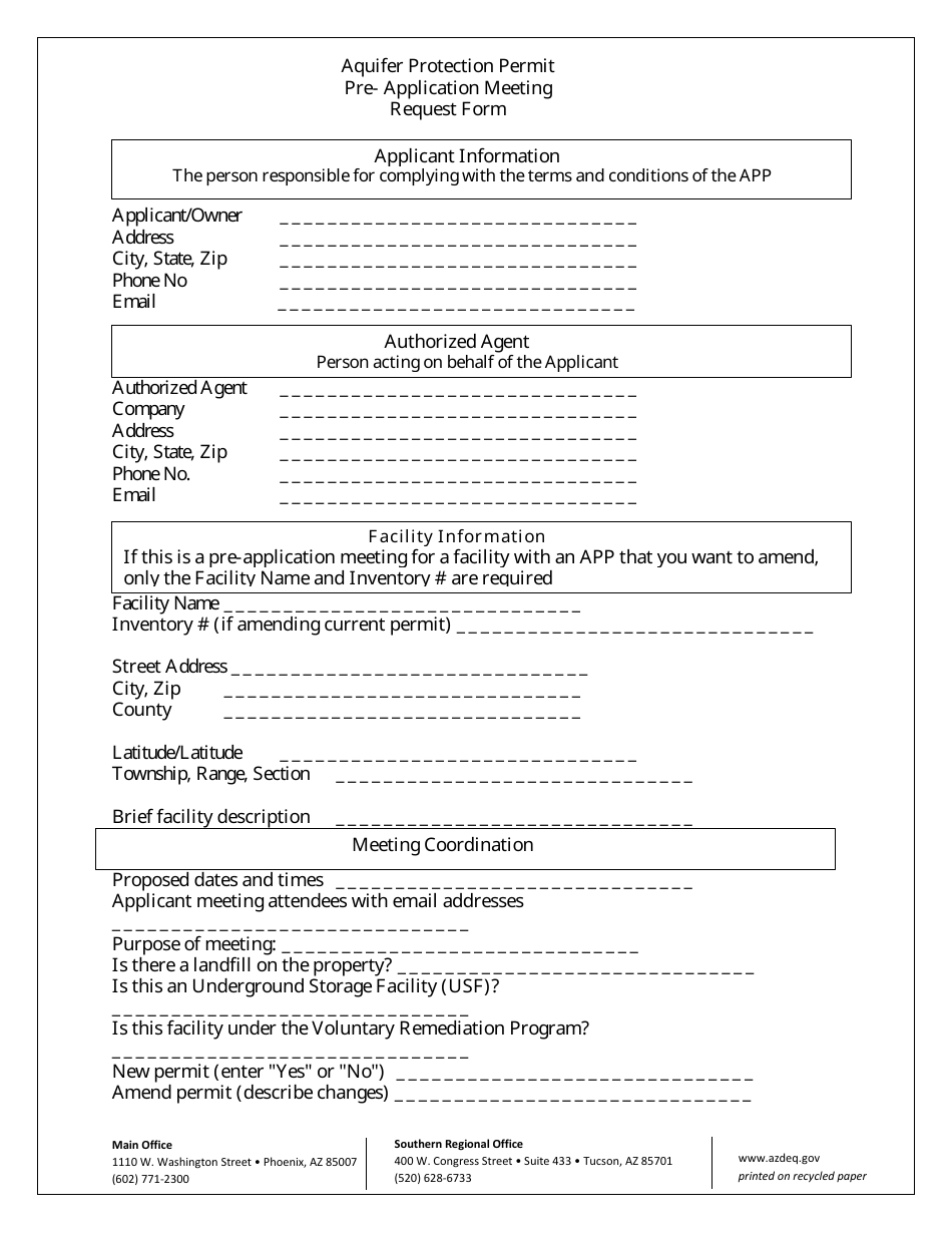 Aquifer Protection Permit - Pre-application Meeting Request Form - Arizona, Page 1