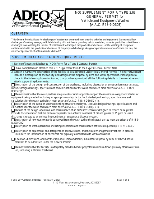 Noi Supplement for a Type 3.03 General Permit for Vehicle and Equipment Washes [a.a.c. R18-9-d303] - Arizona