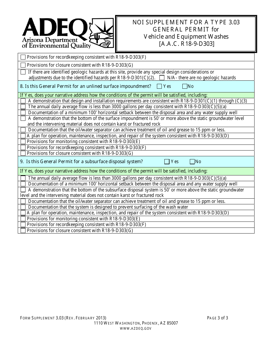 Noi Supplement for a Type 3.03 General Permit for Vehicle and Equipment Washes [a.a.c. R18-9-d303] - Arizona, Page 3