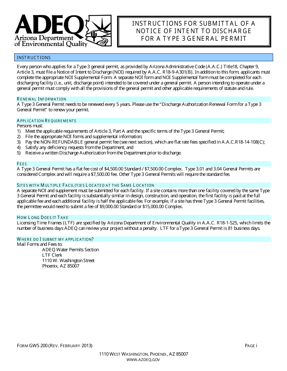 ADEQ Form GWS200 Notice of Intent to Discharge for a Type 3 General Permit - Arizona, Page 1