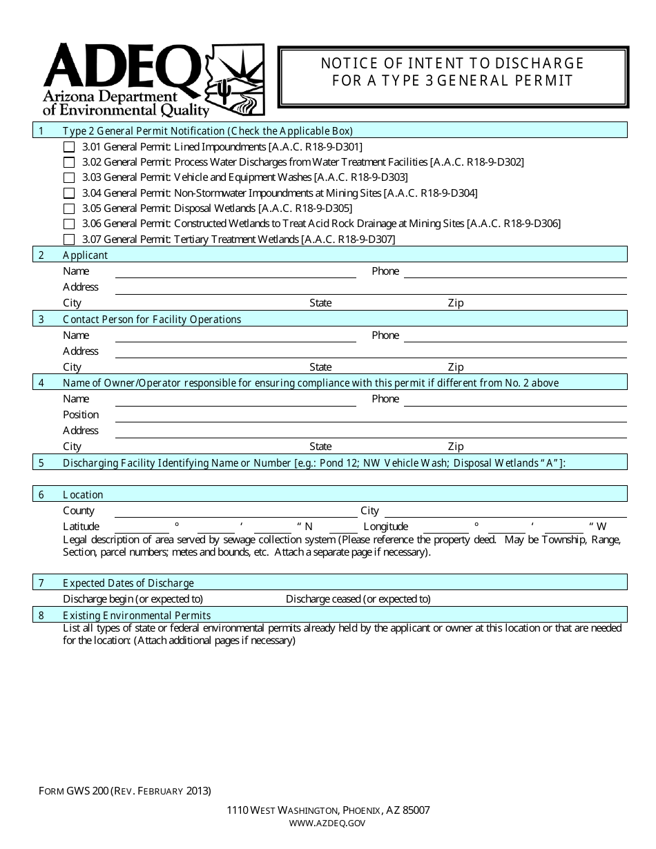 ADEQ Form GWS200 Notice of Intent to Discharge for a Type 3 General Permit - Arizona, Page 2