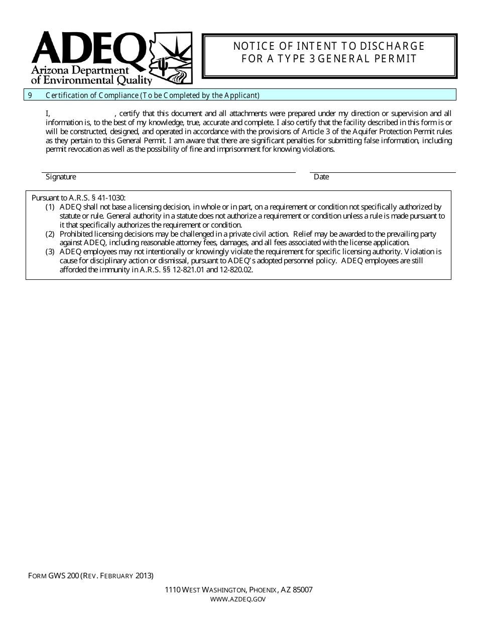 ADEQ Form GWS200 Notice of Intent to Discharge for a Type 3 General Permit - Arizona, Page 3