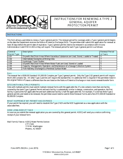 ADEQ Form WPS250 Renewal Form for a Type 2 General Aquifer Protection Permit - Arizona
