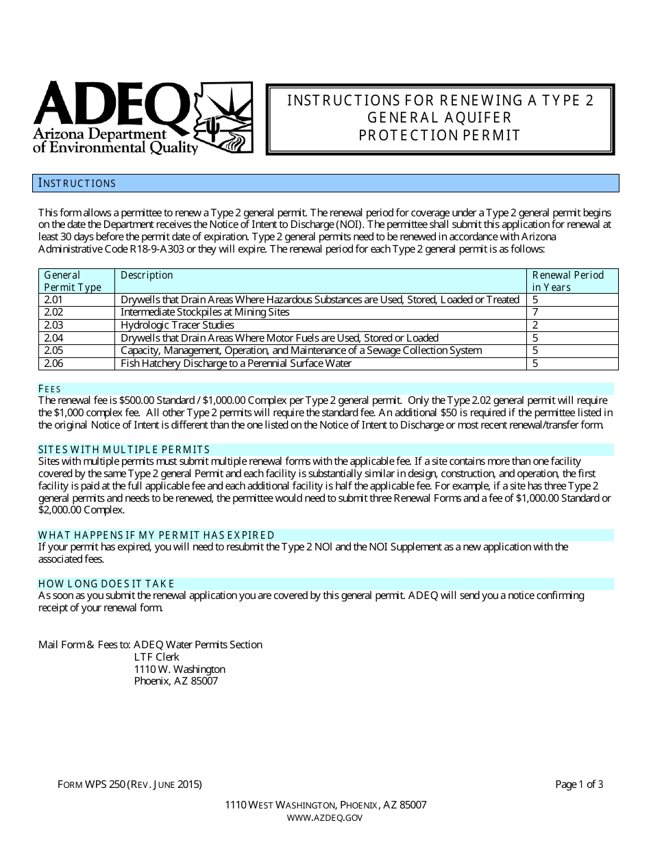 ADEQ Form WPS250 Renewal Form for a Type 2 General Aquifer Protection Permit - Arizona, Page 1