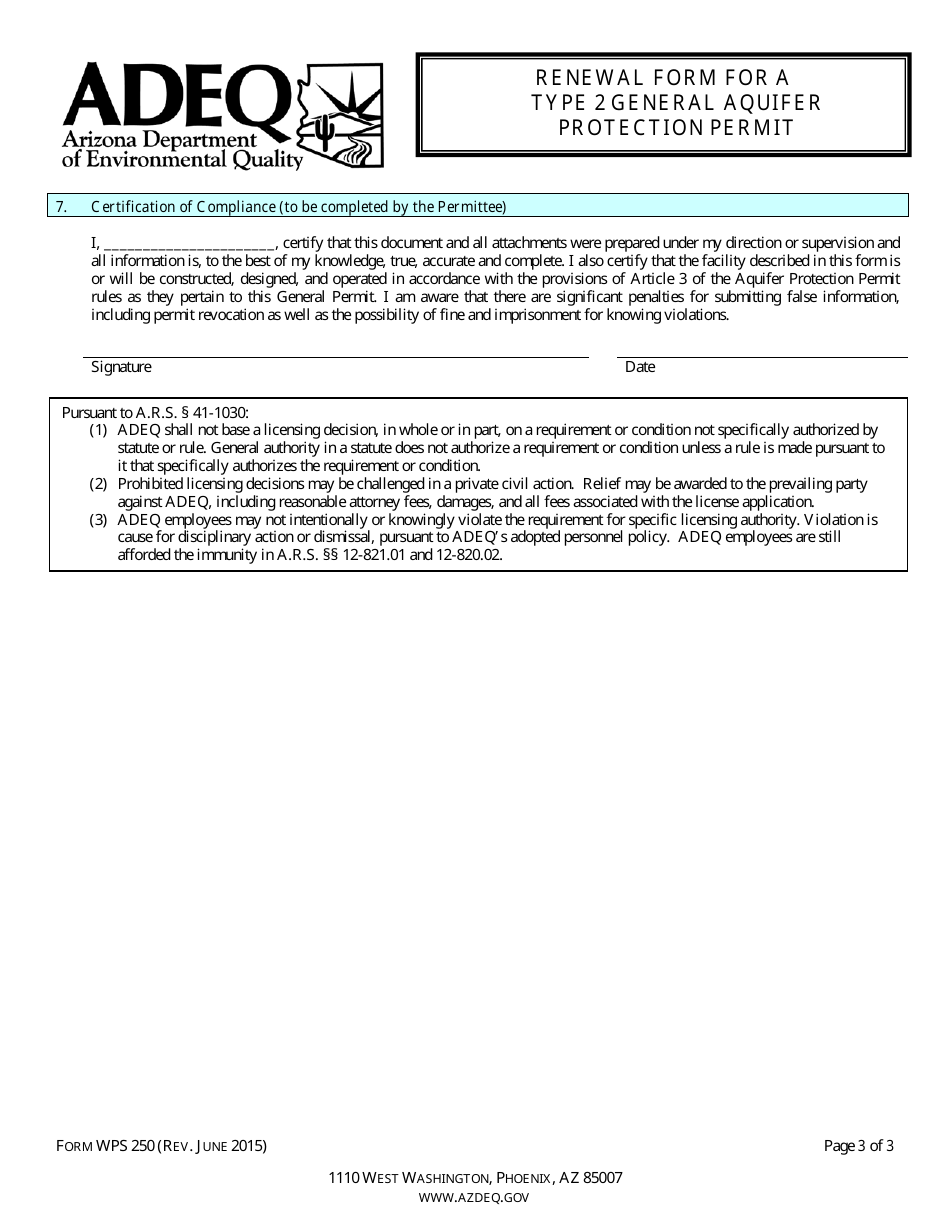 ADEQ Form WPS250 Download Fillable PDF or Fill Online Renewal Form for