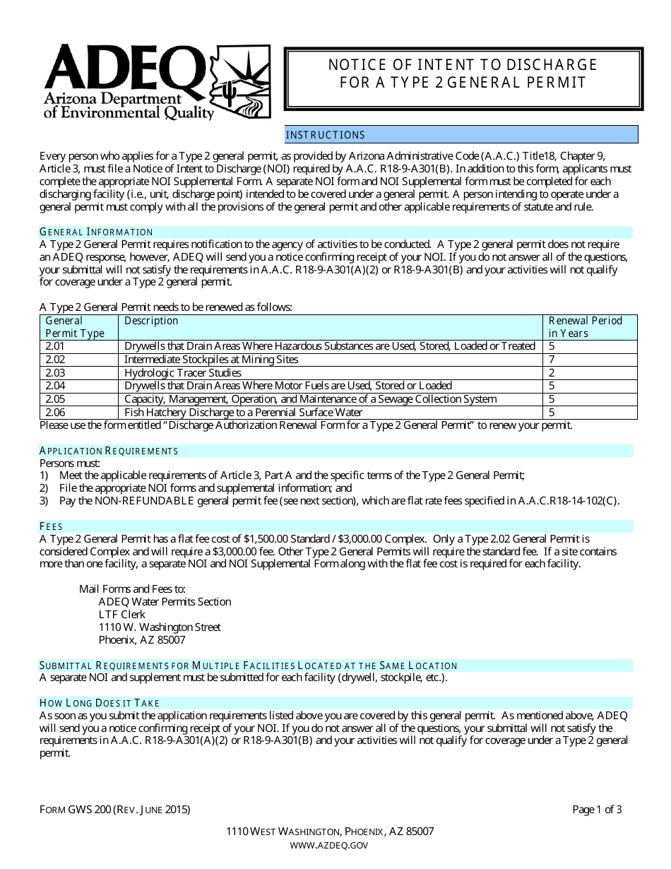 ADEQ Form GWS200 Notice of Intent to Discharge for a Type 2 General Permit - Arizona, Page 1