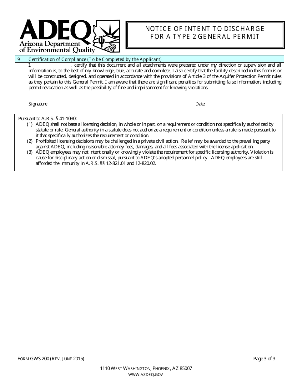 ADEQ Form GWS200 Notice of Intent to Discharge for a Type 2 General Permit - Arizona, Page 3