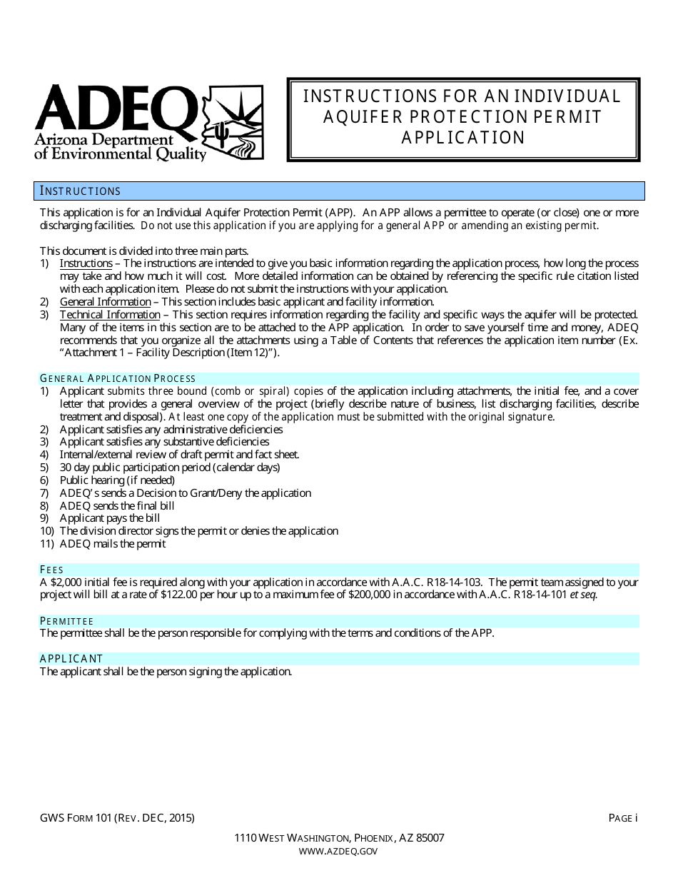 ADEQ Form GWS101 Individual Aquifer Protection Permit Application - Arizona, Page 1