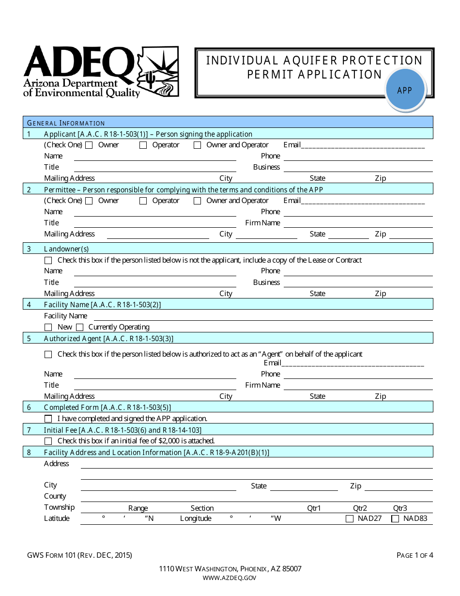 ADEQ Form GWS101 Individual Aquifer Protection Permit Application - Arizona, Page 3
