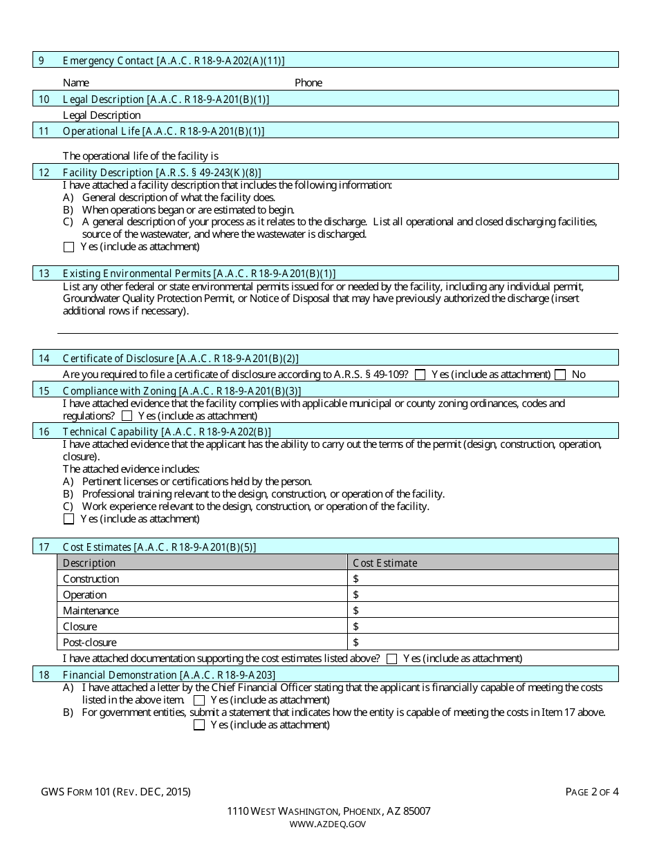 ADEQ Form GWS101 Individual Aquifer Protection Permit Application - Arizona, Page 4