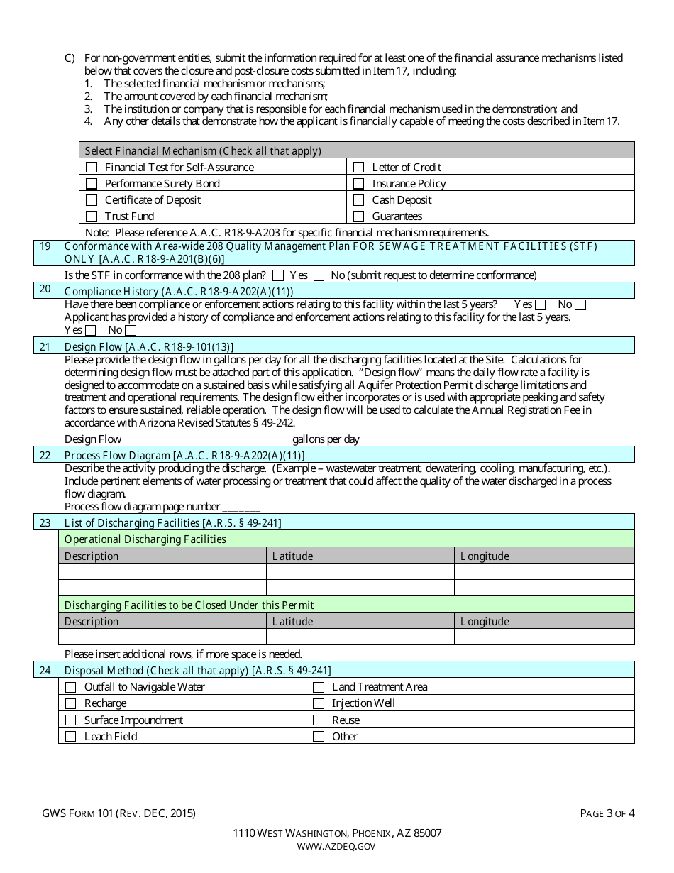 ADEQ Form GWS101 Individual Aquifer Protection Permit Application - Arizona, Page 5