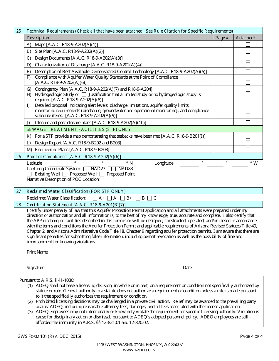 ADEQ Form GWS101 Individual Aquifer Protection Permit Application - Arizona, Page 6