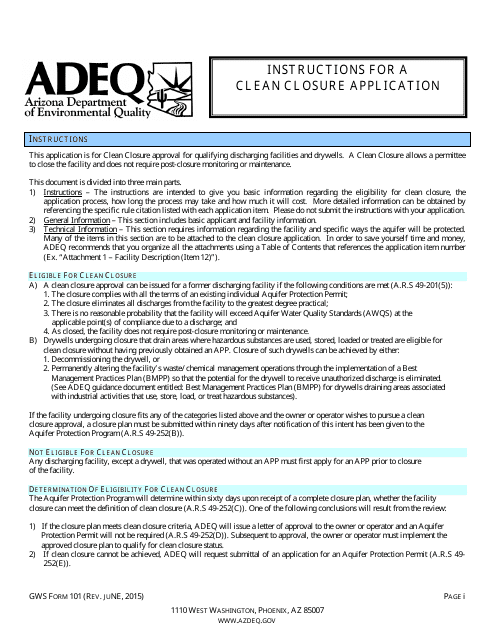ADEQ Form GWS101 Clean Closure Application - Arizona