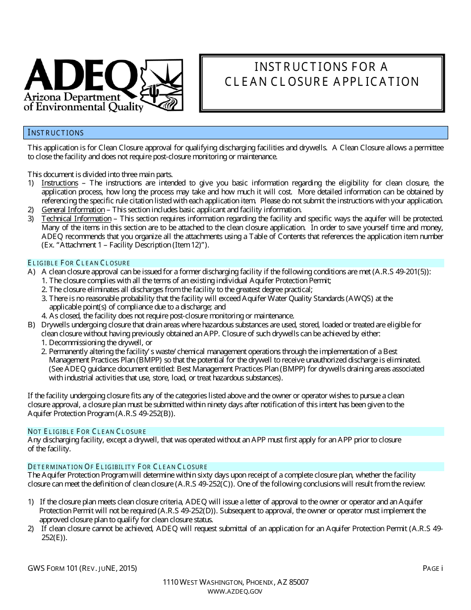 ADEQ Form GWS101 Clean Closure Application - Arizona, Page 1
