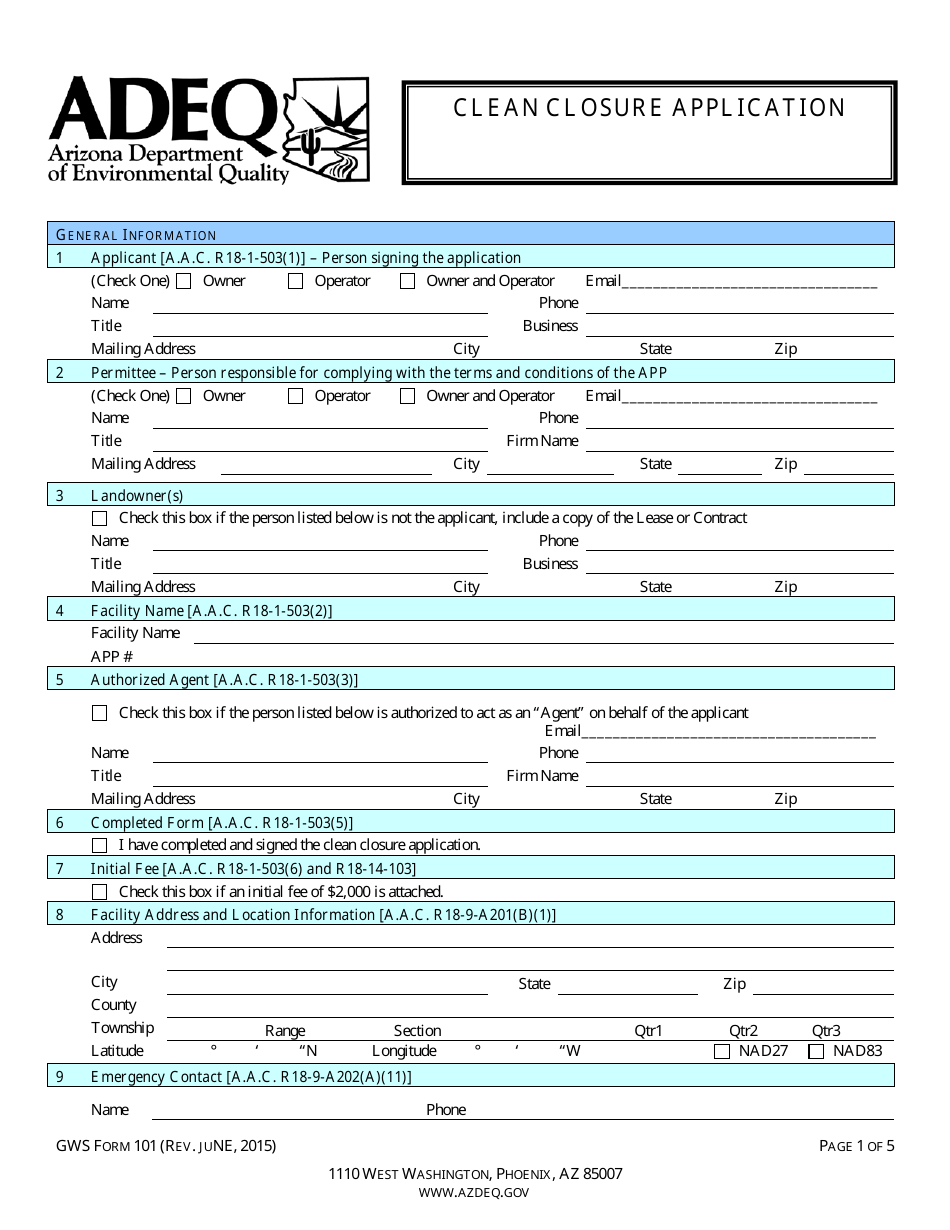 ADEQ Form GWS101 Clean Closure Application - Arizona, Page 3