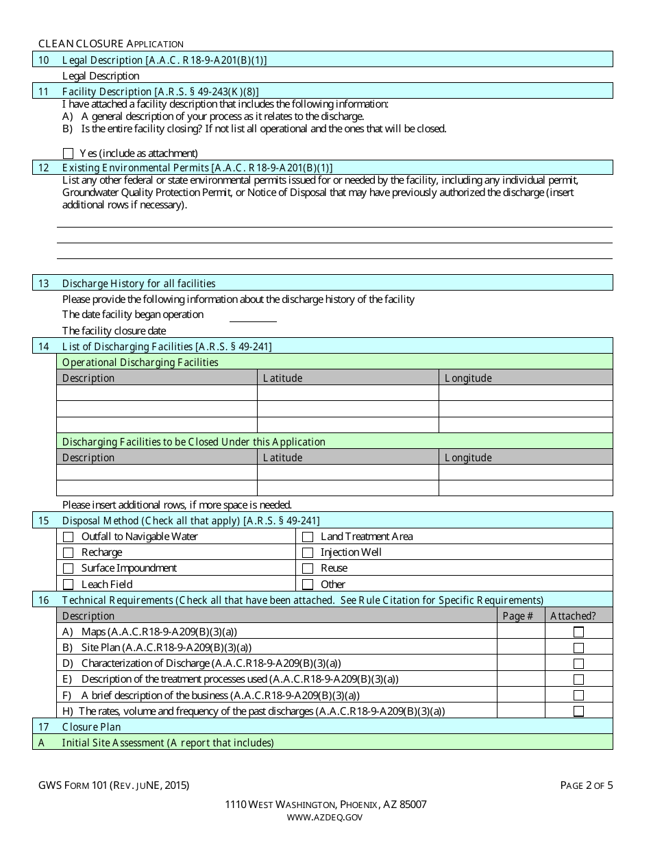ADEQ Form GWS101 Clean Closure Application - Arizona, Page 4