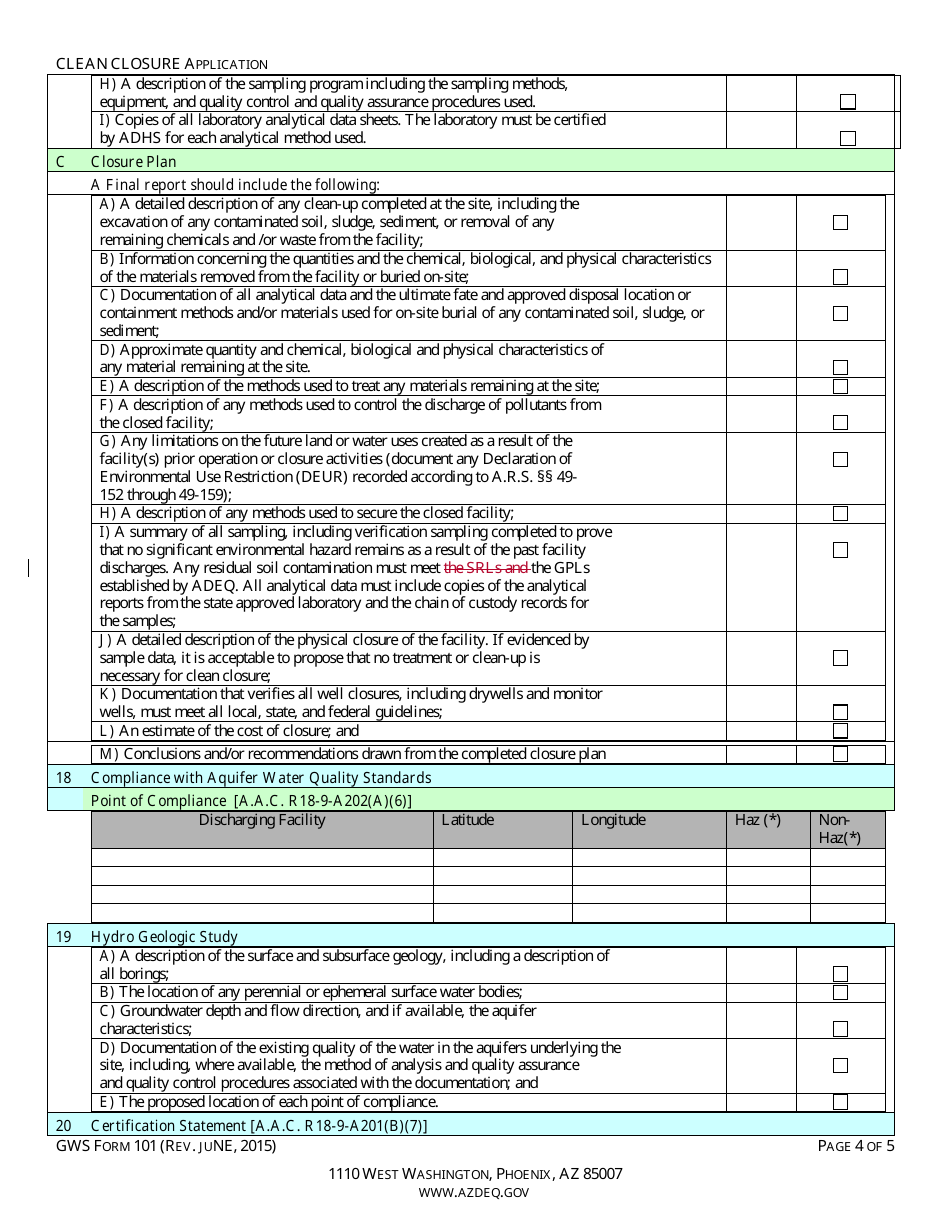 ADEQ Form GWS101 Clean Closure Application - Arizona, Page 6
