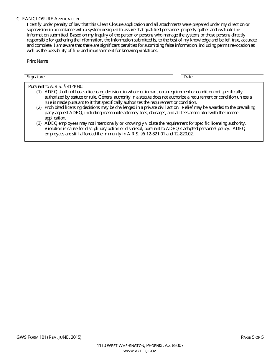 ADEQ Form GWS101 Clean Closure Application - Arizona, Page 7