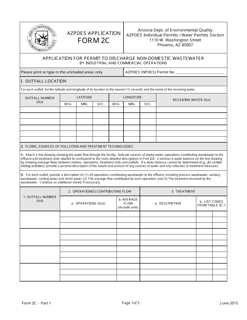 ADEQ Form 2C Application for Permit to Discharge Non-domestic Wastewater by Industrial and Commercial Operations - Arizona, Page 1