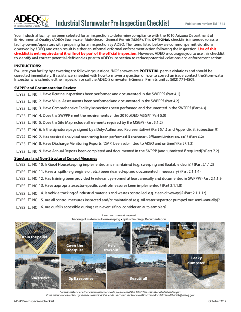 Industrial Stormwater Pre-inspection Checklist - Arizona Download Pdf