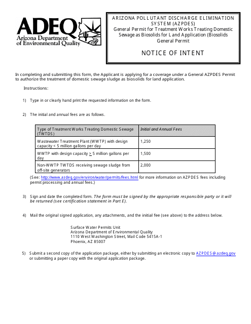 AZPDES Biosolids General Permit Notice of Intent (Noi) Application - Arizona Download Pdf