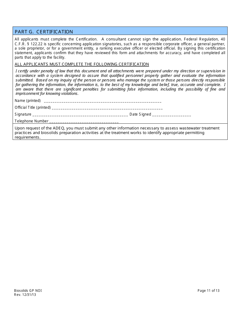 AZPDES Biosolids General Permit Notice of Intent (Noi) Application - Arizona, Page 11