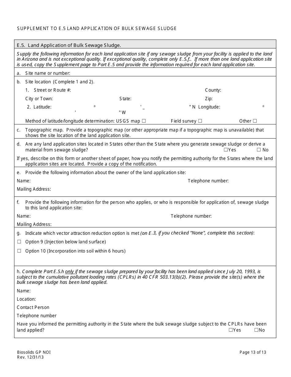 AZPDES Biosolids General Permit Notice of Intent (Noi) Application - Arizona, Page 13