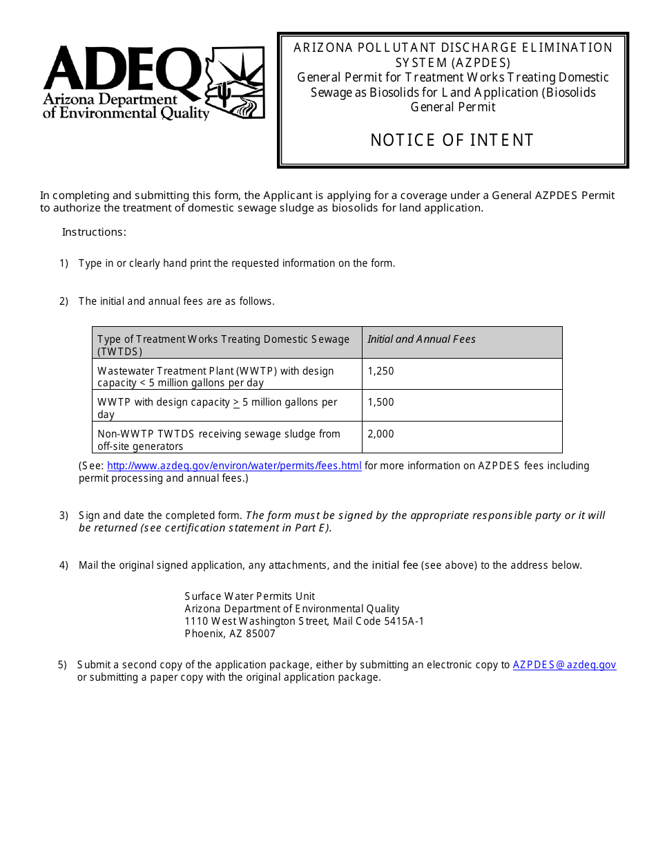 AZPDES Biosolids General Permit Notice of Intent (Noi) Application - Arizona, Page 1