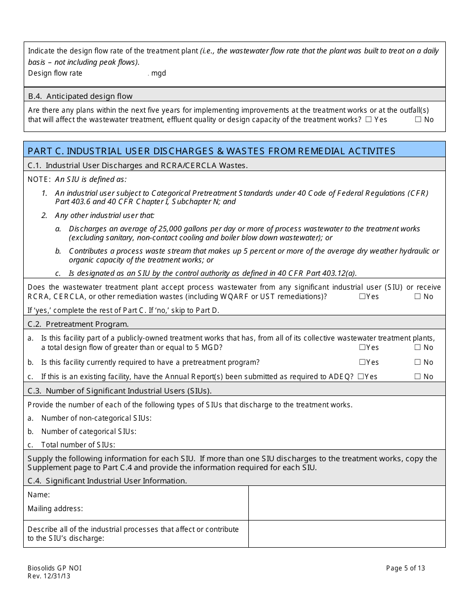 AZPDES Biosolids General Permit Notice of Intent (Noi) Application - Arizona, Page 5
