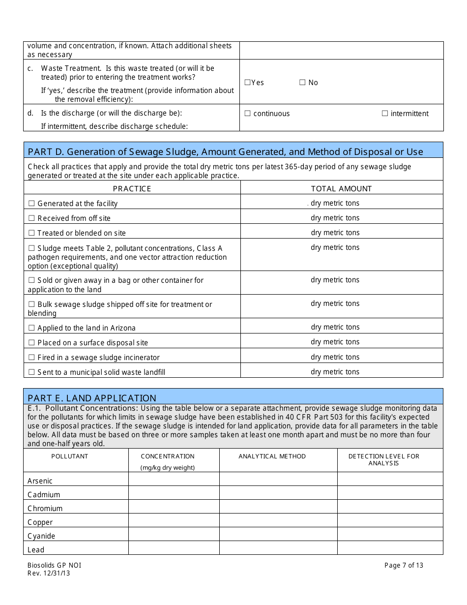 AZPDES Biosolids General Permit Notice of Intent (Noi) Application - Arizona, Page 7