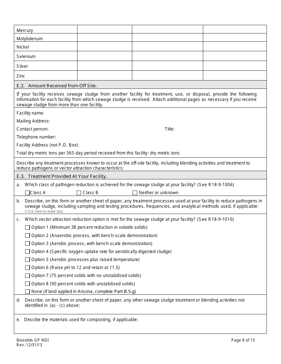 AZPDES Biosolids General Permit Notice of Intent (Noi) Application - Arizona, Page 8