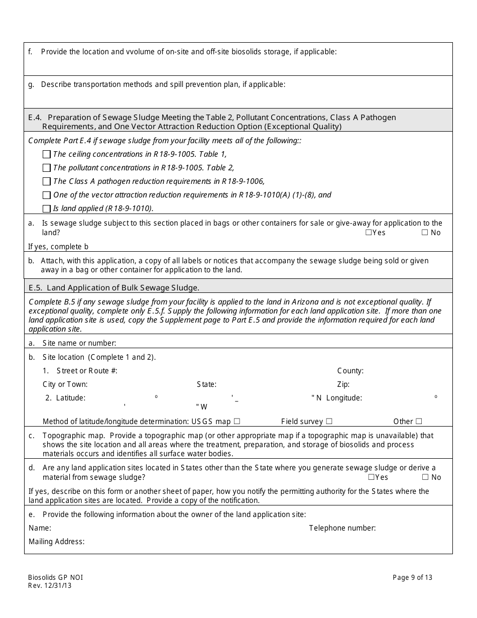 AZPDES Biosolids General Permit Notice of Intent (Noi) Application - Arizona, Page 9