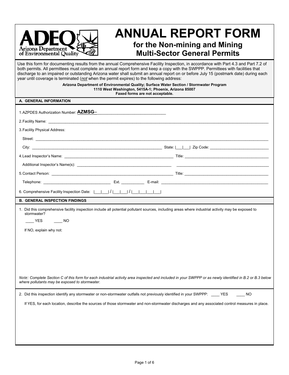 Annual Report Form for the Non-mining and Mining Multi-Sector General Permits - Arizona, Page 1